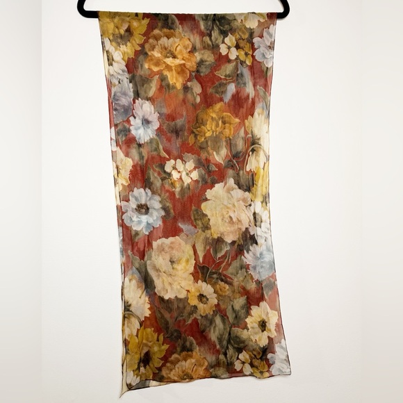 Floral Burgundy, Cream, Powder Blue Scarf with Many Different Flower Types - Picture 3 of 7